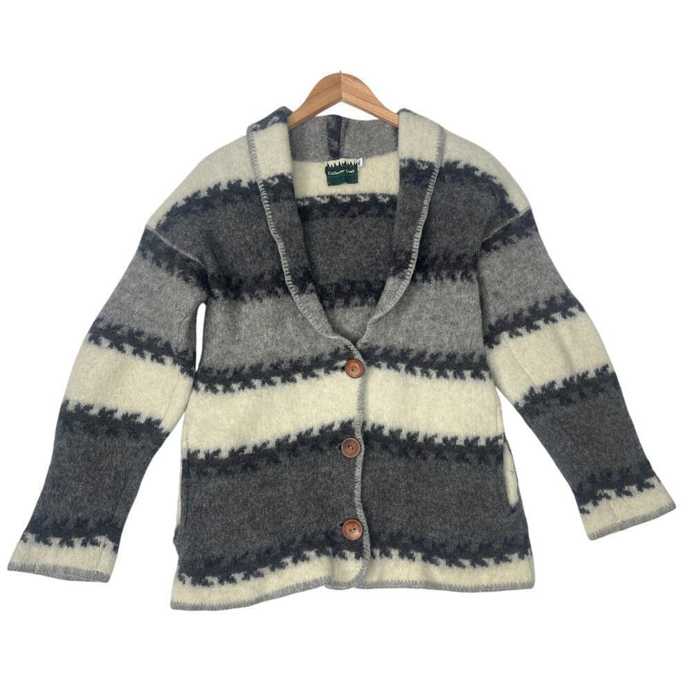 VTG Coldwater Creek Boiled Wool Gray White Coat 90s sz XL Outdoors Fair Isle